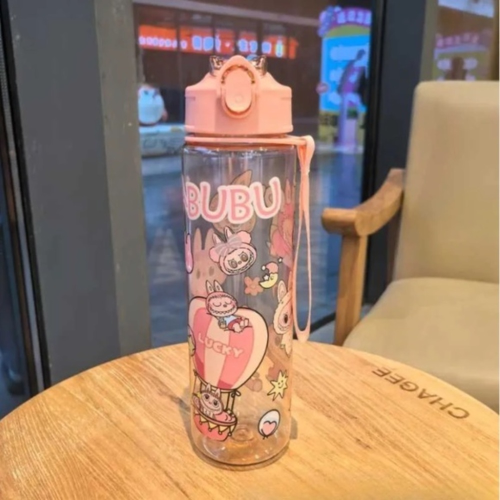 Labubu Cartoon Pink Transparent Plastic Water Bottle Thermos